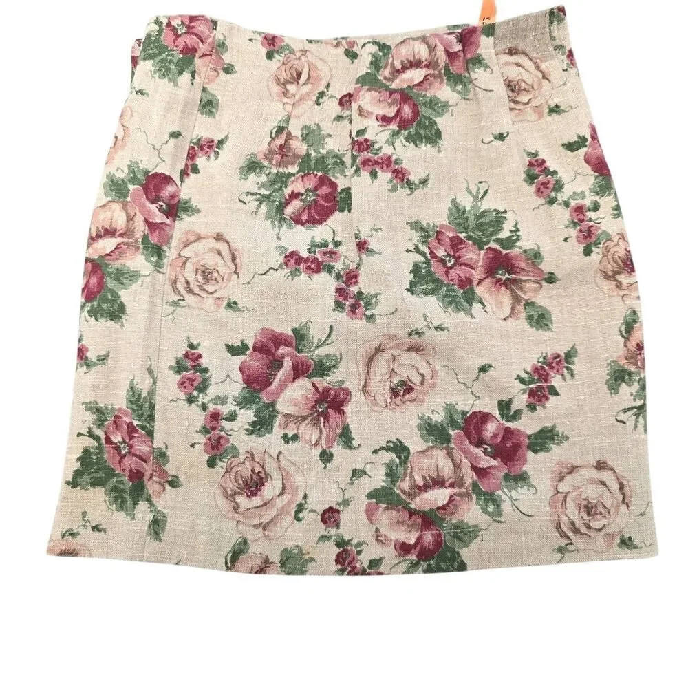 Vtg 90s Cottontail Originals Floral Linen Cotton Wrap Mini Skirt Jrs 7‎ XS 24.5w